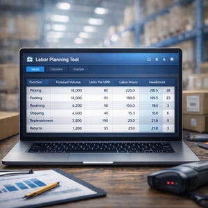 May include: A laptop displays a "Labor Planning Tool" interface with data tables. The screen shows columns for function, forecast volume, units per UPH, labor hours, and headcount. A barcode scanner and clipboard with a pen are in the foreground.