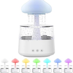 May include: A white humidifier shaped like a mushroom with a light blue cloud top. The humidifier has a clear water tank and a white base with a power button and light controls. The cloud top glows in different colors, including red, orange, yellow, green, blue, purple, and pink.