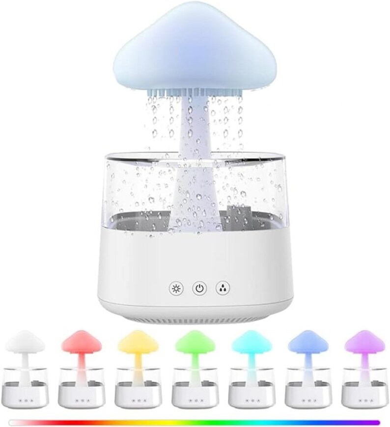 May include: A white humidifier shaped like a mushroom with a light blue cloud top. The humidifier has a clear water tank and a white base with a power button and light controls. The cloud top glows in different colors, including red, orange, yellow, green, blue, purple, and pink.