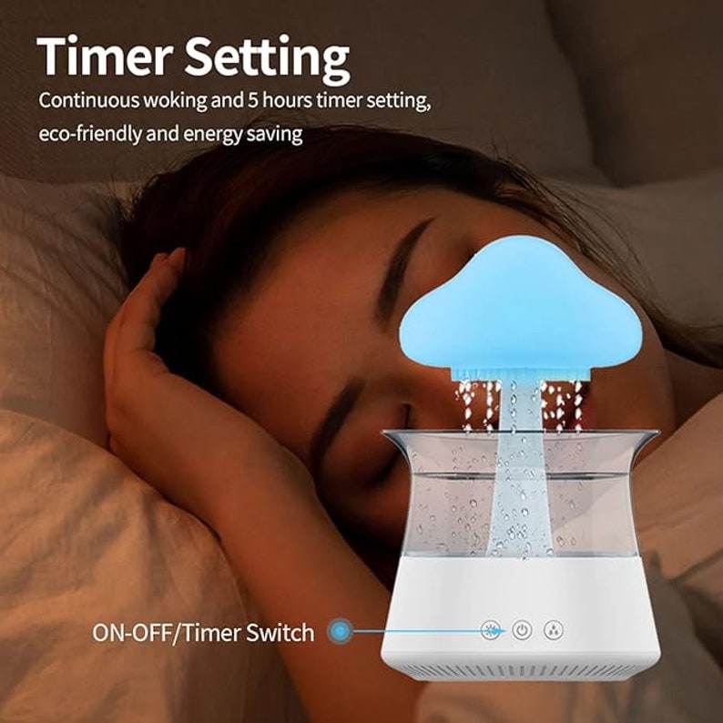 May include: A white and blue humidifier shaped like a cloud with a timer setting. The humidifier has a clear water tank and a blue light. The text "ON-OFF/Timer Switch" is visible on the base of the humidifier.