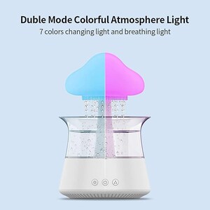 May include: A white humidifier with a clear water tank and a mushroom-shaped top that changes color. The mushroom top has a blue and pink light that alternates. The humidifier has three buttons on the front.
