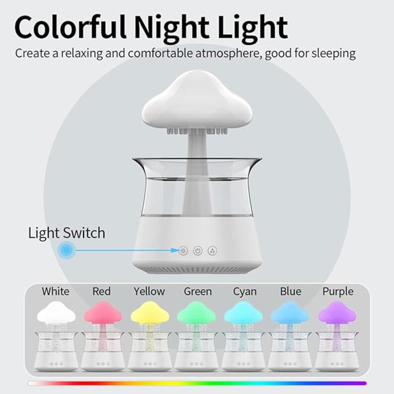May include: A white cloud-shaped night light with a base that changes color. The base has a clear glass container and a light switch. The colors include white, red, yellow, green, cyan, blue, and purple.
