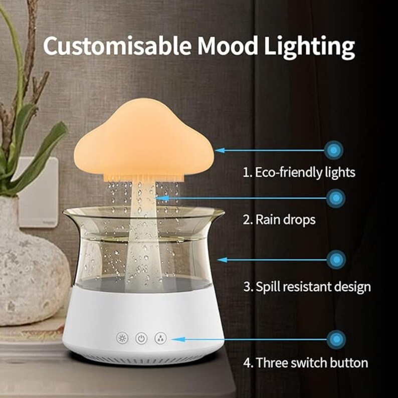 May include: A white and clear mushroom-shaped mood lamp with a three-button switch on the base. The lamp features eco-friendly lights and a rain drop effect.