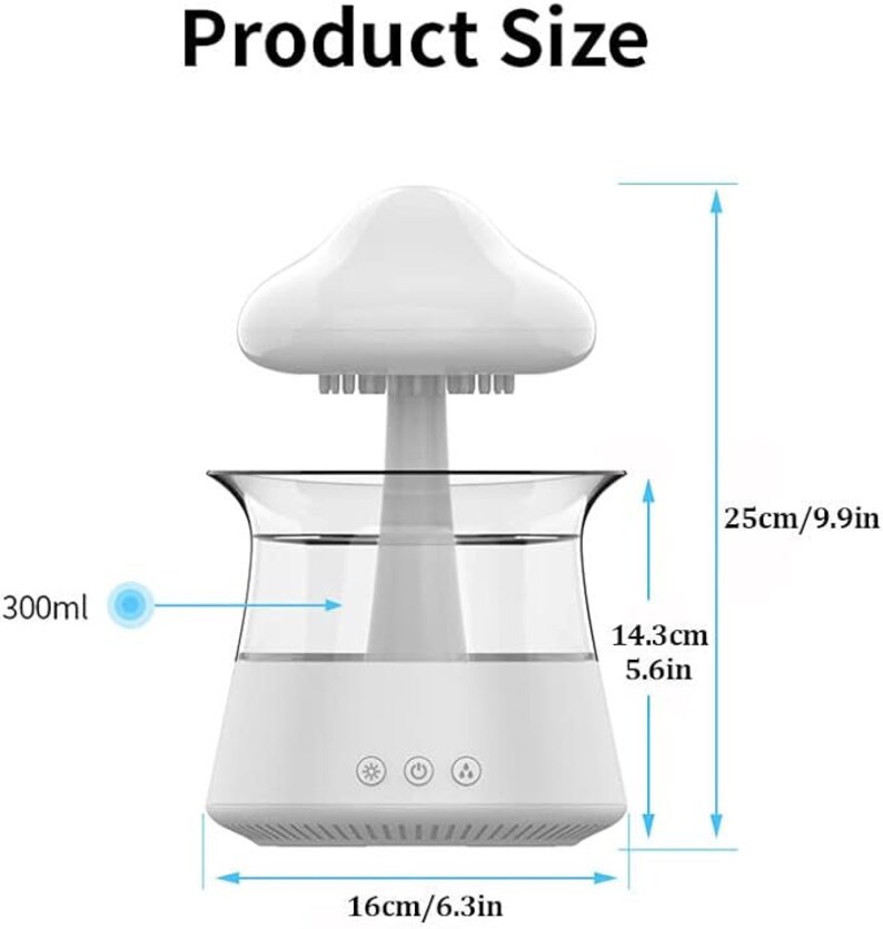 May include: White mushroom-shaped ultrasonic humidifier with a clear water tank and a base with three buttons. The humidifier is 9.9 inches tall, 5.6 inches wide, and 6.3 inches in diameter. It has a capacity of 300 ml.