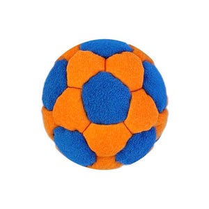 May include: A plush, spherical toy in a soccer ball design. The ball features a pattern of blue and orange pentagons. The toy is made of a soft, textured material, and is set against a plain white background.