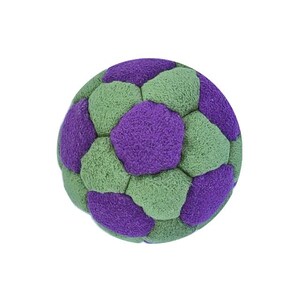 May include: A plush, spherical toy with a soccer ball design. The ball features a pattern of green and purple pentagons. The soft texture and vibrant colors make it appealing for play or decoration. The toy is set against a white background.