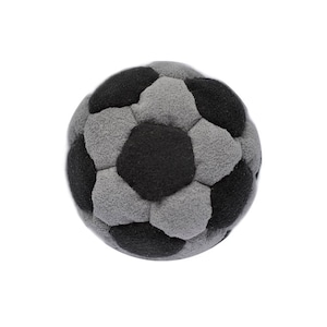 May include: A grey and black football made of soft fabric. The ball is designed for playing catch or other games.