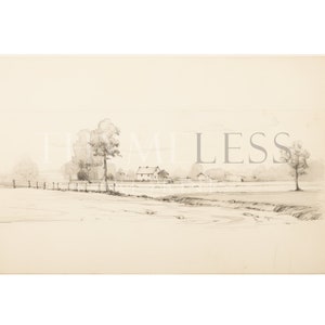 May include: A black and white pencil drawing of a rural landscape with a farmhouse in the distance. The drawing depicts a field with a fence and trees in the foreground.