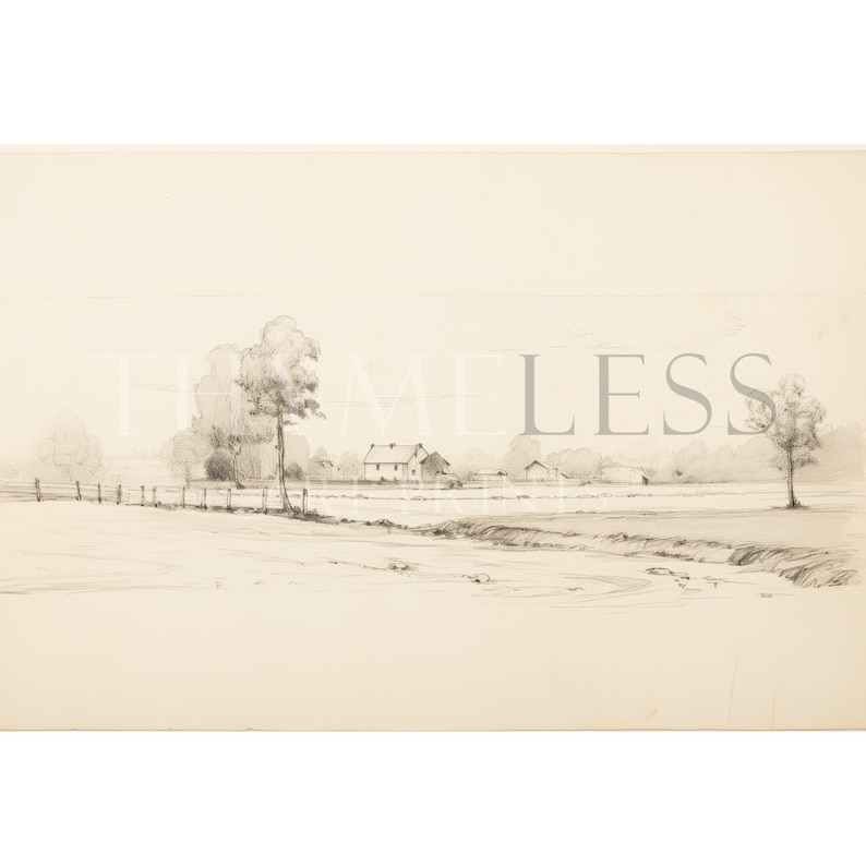 May include: A black and white pencil drawing of a rural landscape with a farmhouse in the distance. The drawing depicts a field with a fence and trees in the foreground.