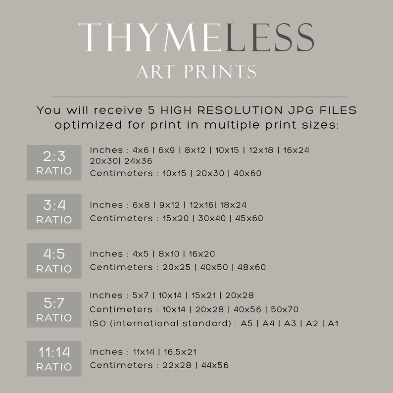 May include: A graphic showing five different aspect ratios for digital art prints, with corresponding measurements in inches and centimeters. The aspect ratios are 2:3, 3:4, 4:5, 5:7, and 11:14. The graphic also includes ISO standard paper sizes for the 5:7 aspect ratio.