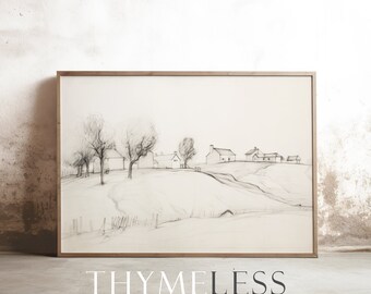 Village on hill, Pencil sketch, Drawing, Pencil art, Vintage inspired, Digital art print, printable, download, landscape, minimalist