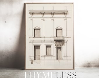 Classical facade sketch, Drawing, Pencil art, Vintage inspired, Digital art print, printable, download, large wall art, architectural