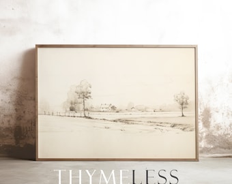 Landscape sketch, Pencil sketch, Drawing, Pencil art, Vintage inspired, Digital art print, printable, download, landscape, minimalist