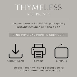 May include: A digital download graphic showing the steps to print a digital art print. The steps are: 1. Download, 2. Print, 3. Frame. The text "NO PHYSICAL PRINT IS SHIPPED" is shown in an arrow.