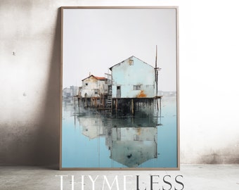 House on stilts, Oil painting, Vintage inspired, Digital art print, printable, download, large wall art, impressionist, coastal