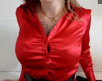 5 Minute video of Secretary in perfect red satin blouse