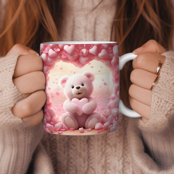 Süße Teddybär Valentine Mug Wrap PNG, Valentinstag 11oz & 15oz Mug Wrap Vorlage, Sublimationsdesign, sofortiger digitaler Download PNG