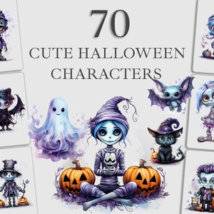 Leuke clipartbundel met Halloween-personages | 70 png-afbeeldingen | Digitale download | Sublimatieontwerpen | Vampier, heks, spook, zombie, mummie