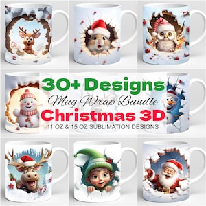 30+ 3D Christmas Mug Bundle Png, 11oz Mug And 15oz Mug Wrap, Mug Sublimation Bundle, Christmas Mug Wrap Bundle Png Hole in a wall mug Design