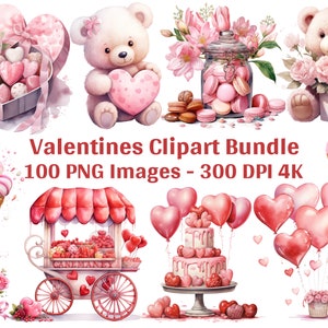 Cute Watercolor Valentines Clipart Bundle, 100 PNG Valentines Day Clipart, Valentine's Day Png Bundle Sublimation Design for Commercial Use