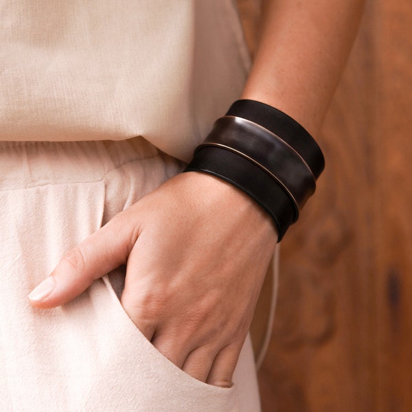 Black Leather and Metal Bracelet. Wide Leather Cuff Bracelet.  Adjustable Leather Wrist Cuff for Women.