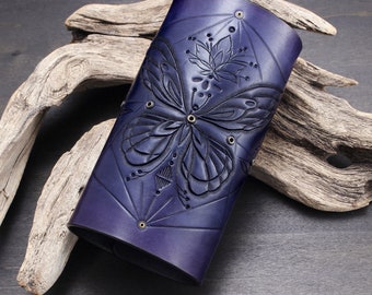 Butterfly Leather Incense Case. Hand Carved Leather Incense Holder for Sticks. Blue Butterfly Mandala.