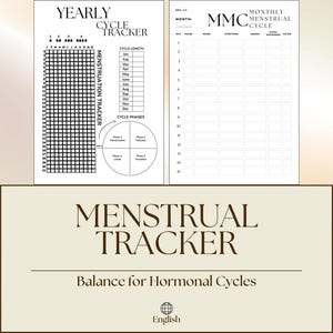 Könnte beinhalten: Zwei Menstruationszyklus-Tracker in Schwarz und Weiß. Einer ist ein Jahres-Tracker mit einem Raster und Zyklusphasen. Der andere ist ein monatlicher Tracker. Der Text "MENSTRUAL TRACKER" und "Balance for Hormonal Cycles" sind ebenfalls sichtbar.