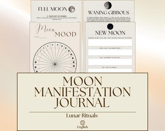 Può includere: Un diario di manifestazione lunare con pagine beige, testo nero e grafiche delle fasi lunari. Le pagine includono intestazioni come Full Moon, Waning Gibbous, New Moon e Moon Mood, con domande e un diagramma circolare del calendario lunare.