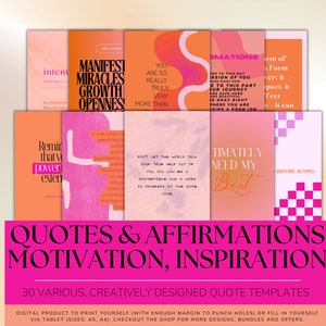 Könnte beinhalten: Ein Satz von 30 druckbaren Zitatvorlagen mit rosa und orangefarbenem Hintergrund. Die Zitate sind motivierend und inspirierend. Der Text enthält Sätze wie "Manifestiere Wunder, Wachstum, Offenheit" und "Letztendlich brauche ich mein Bestes".