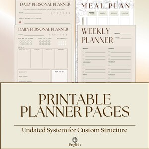 Könnte beinhalten: Eine Sammlung druckbarer Planerseiten in neutralen Farben. Die Seiten umfassen Tages- und Wochenplaner sowie eine Vorlage für einen Essensplan. Der Text "PRINTABLE PLANNER PAGES" ist prominent dargestellt.