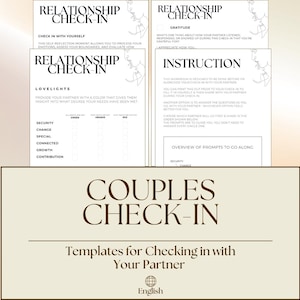 Könnte beinhalten: Vorlagen für Paar-Beziehungs-Check-ins mit den Worten "Relationship Check-In" und "Couples Check-In". Das Design umfasst mehrere Seiten mit Anweisungen und Aufforderungen. Die Vorlagen sind auf Englisch.