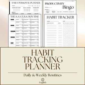 May include: A selection of black and white habit tracking planners. The planners feature sections for daily and weekly routines, with titles including "Daily Personal Planner," "Productivity Bingo," "The S.A.V.E.R.S. Routine," and "Habit Tracker." The main title reads "Habit Tracking Planner."