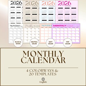 Könnte beinhalten: Monatskalender-Sammlung für das Jahr 2026, mit vier Farbvarianten und 20 Vorlagen. Die Kalender sind in Schwarz-Weiß, neutralen, sanften und Pop-Farben dargestellt. Der Text "MONATSKALENDER" ist deutlich sichtbar.