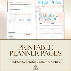 Könnte beinhalten: Eine Sammlung druckbarer Planerseiten in sanften Farben. Die Seiten enthalten Abschnitte für die Tages- und Wochenplanung, die Essensplanung und die persönliche Reflexion. Der Text "PRINTABLE PLANNER PAGES" ist deutlich sichtbar.