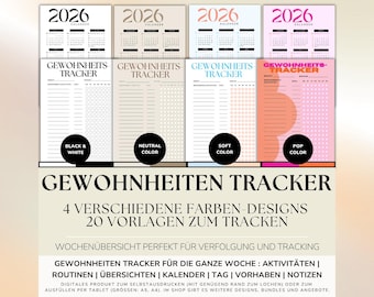 Gewoonte-tracker 2026 – Printbare maandelijkse tracker voor routines/voortgang | Digitale PDF in 4 kleurvarianten | Doel- en verantwoordingsplanner