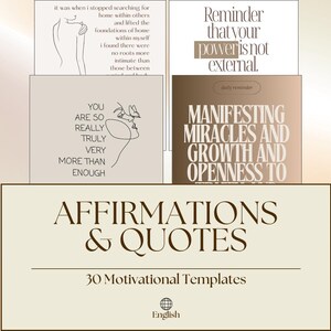 Könnte beinhalten: Eine Sammlung von 30 Motivationsvorlagen mit Affirmationen und Zitaten. Das Design umfasst Textblöcke mit Sätzen wie "Du bist so wirklich mehr als genug" und "Erinnere dich daran, dass deine Macht nicht extern ist."
