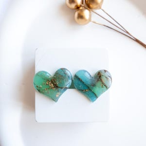 Turquoise Heart Stud Earrings – Handmade Polymer Clay Jewelry Lightweight Minimalist Design