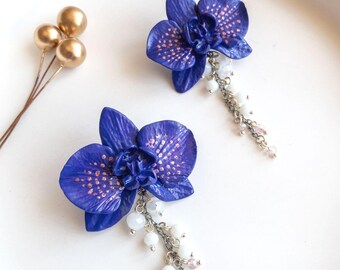 Purple Orchid Earrings – Handmade Polymer Clay Jewelry with Crystal & Sterling Silver