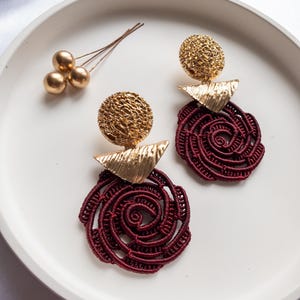 Gold & Burgundy Rose Earrings – Handmade Statement Jewelry – Macrame Floral Design – Free Shipping Gift Ready
