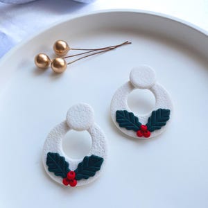 Christmas Holly Polymer Clay Earrings Festive Holiday Studs