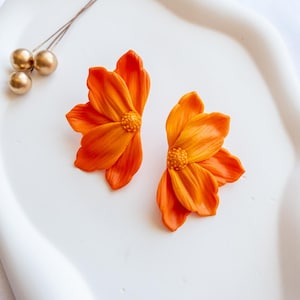 Orange Flower Polymer Clay Earrings – Handmade Lightweight Boho Statement Jewelry