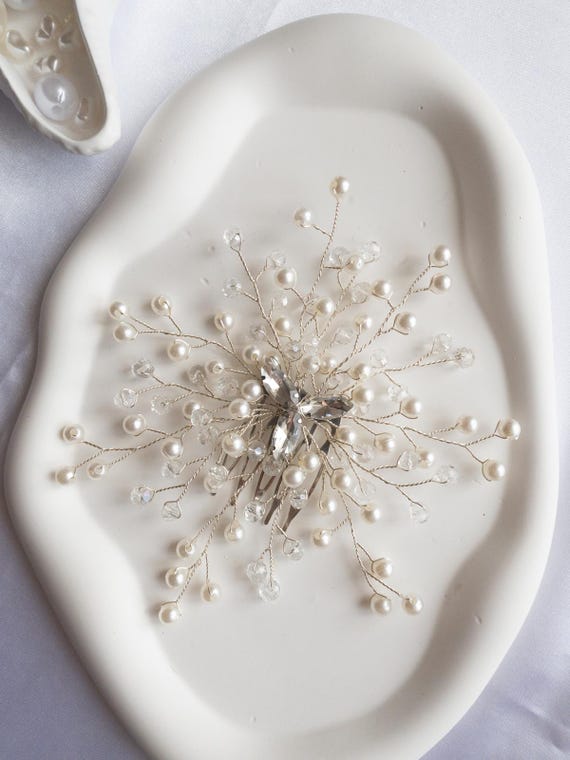 Pearl Crystal Bridal Hair Vine – Handmade Silver Floral  display picture 3