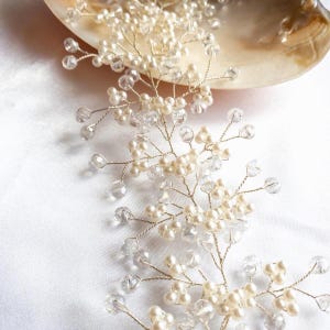 Pearl Crystal Hair Vine – Handmade Silver Floral Boho Wedding Headpiece