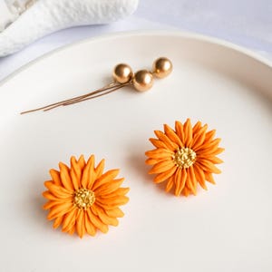 Handmade Orange Flower Earrings Lightweight Polymer Clay Floral Jewelry
