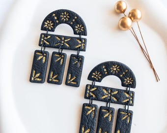 Art Deco Polymer Clay Earrings – Black & Gold Handmade Geometric Statement Jewelry