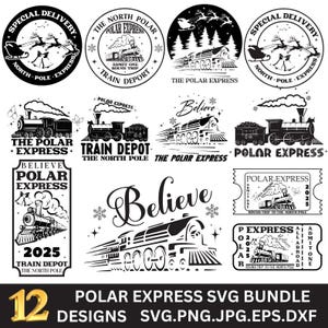 Paquete SVG de Polar Express: Polo Norte, estación de tren, regalo de tren de Navidad, cartel festivo.