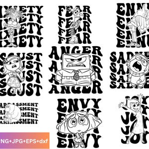 Inside Out 2 SVG, Cartoon Clipart: Anger, Joy, Sadness, Embarrassment, Anxiety, Envy, Ennui - Digital Download Silhouette Line Art