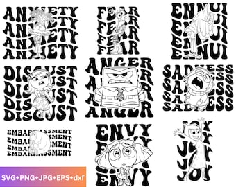 Inside Out 2 SVG, Cartoon Clipart: Anger, Joy, Sadness, Embarrassment, Anxiety, Envy, Ennui - Digital Download Silhouette Line Art