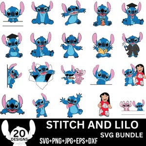 Paquete de archivos SVG a color de Stitch y Lilo: 20 diseños de archivos de corte multiformato para Cricut y más