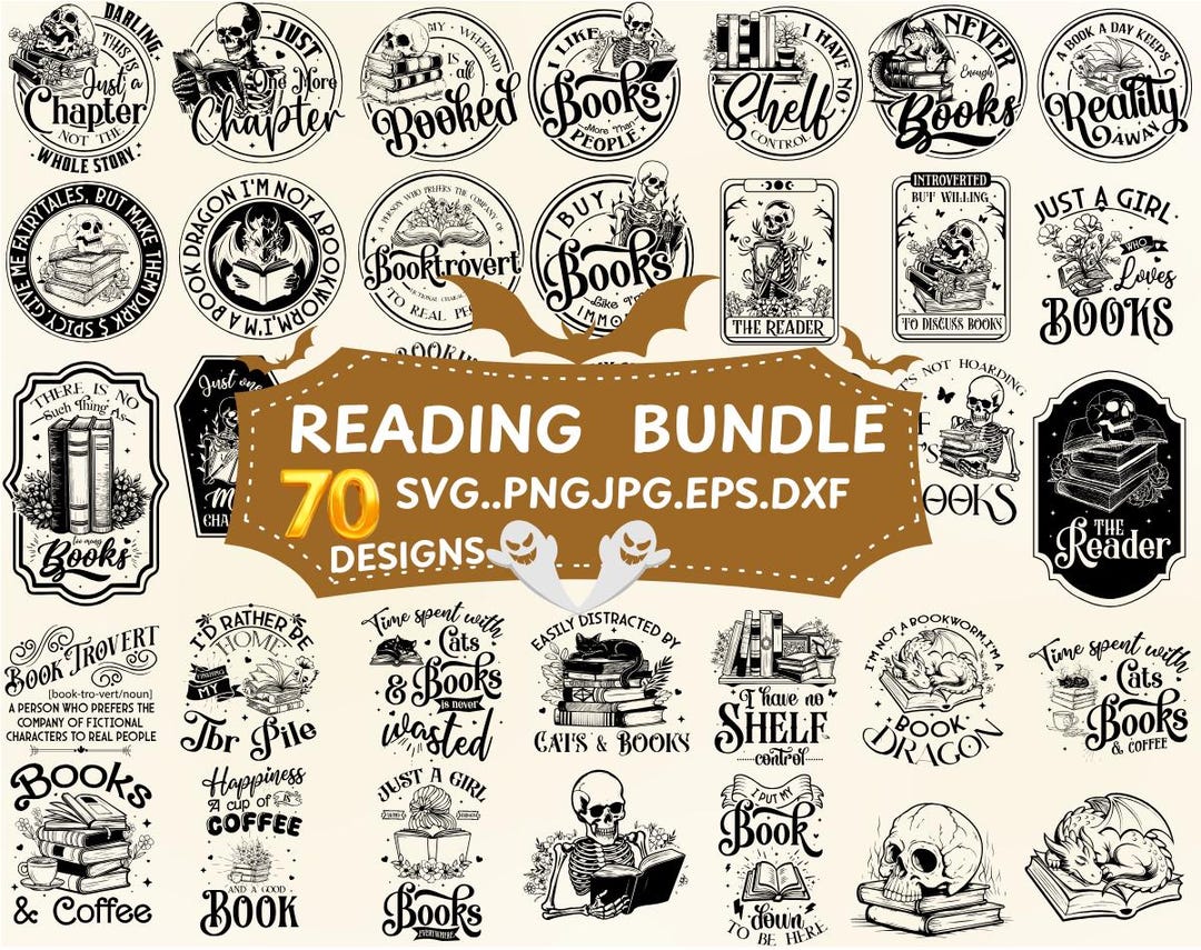 Reading Books SVG Bundle: Whimsical Designs for Book Lovers (70 Designs ...